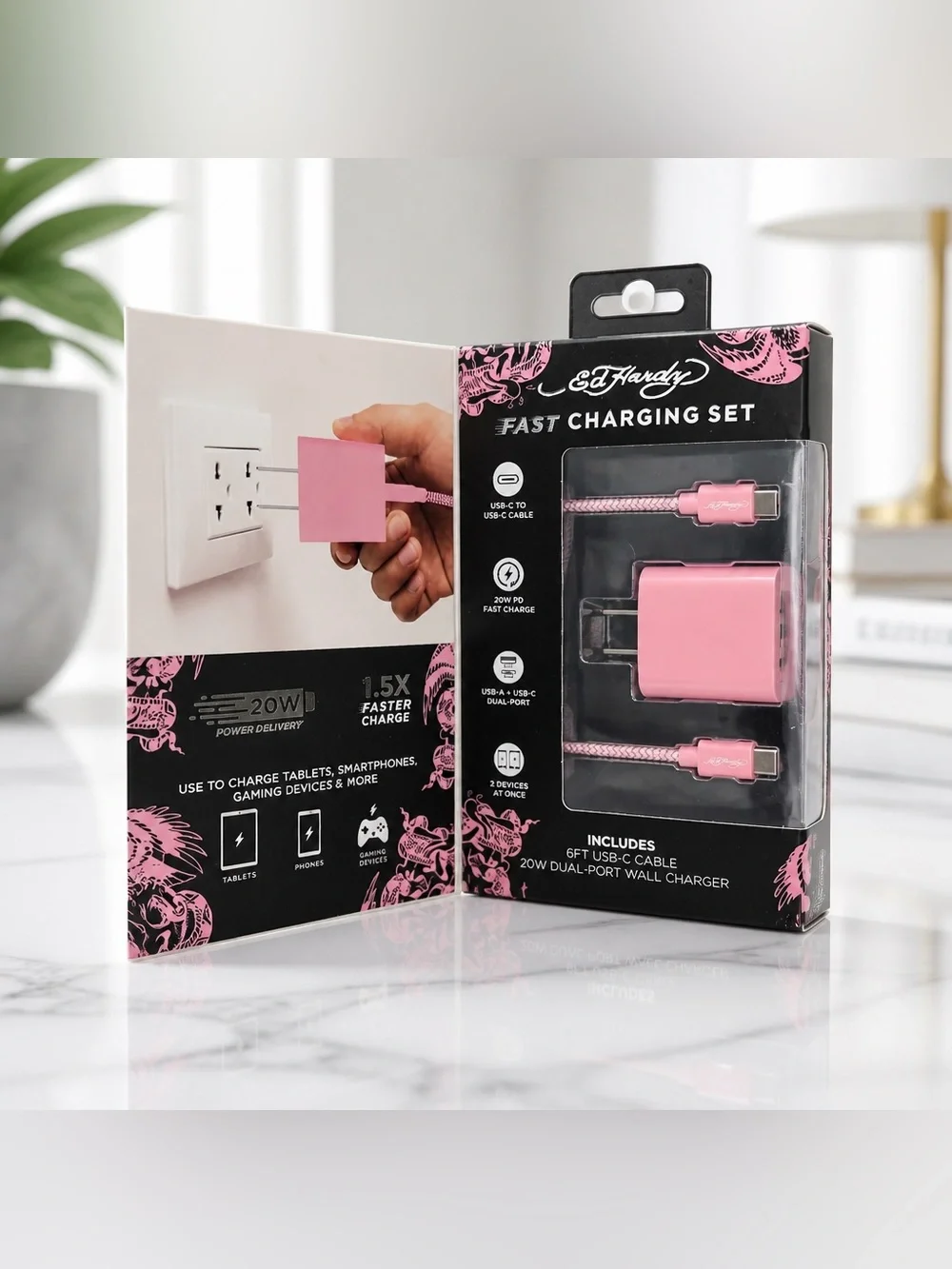 Ed Hardy Pink 20W Fast Charger Set 6ft USB-C Cable New